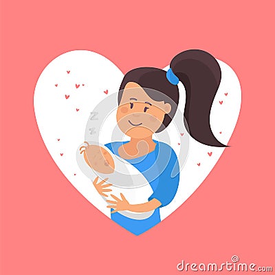 Tender hugs of mother and her child. The child is sleeping Vector Illustration