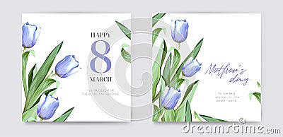 Tender Mother`s Day, 8 march woman`s day vector, editable cute greeting card, poster, banner. Watercolor purple tulip flowers, Vector Illustration