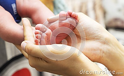 Tender photo about mom`s love for a child, women`s hands hold the legs of a newborn baby Stock Photo