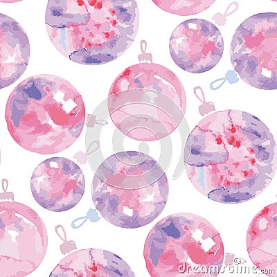 Tender rosy watercolor Christmas baubles seamless pattern Vector Illustration