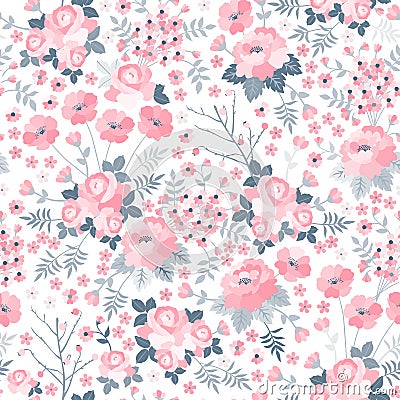 Tender seamless pattern with pink flowers on white background. Ditsy floral illustration. Vector Illustration