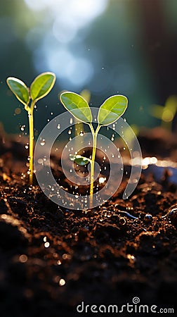 Tender shoot emerges from earth, close-up of young life taking root Stock Photo