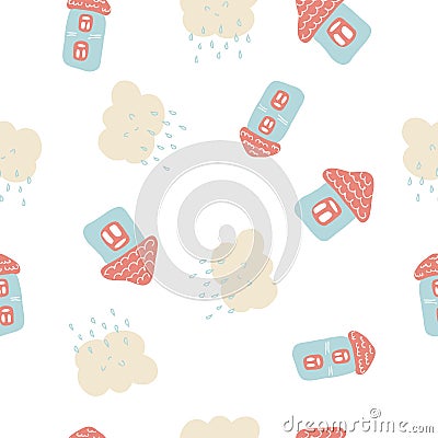 Tender summer seamless pattern of houses and rainy clouds. Design for T-shirt, textile and prints. Vector Illustration