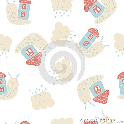 Tender summer seamless pattern of snails and rainy clouds. Design for T-shirt, textile and prints. Vector Illustration