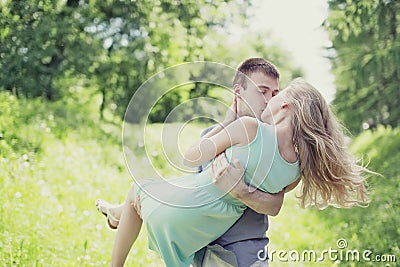 Tender sweet kiss couple outdoors, love, relationships Stock Photo