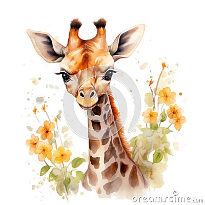 Tender Watercolor Giraffe Calf Stretching to Taste the Topmost Tree Flowers AI Generated Cartoon Illustration