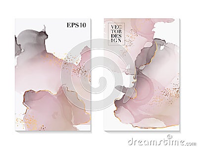 Tender watercolor rose gold foil template. Marble trendy stone texture. Liquid splash abstract cards Vector Illustration