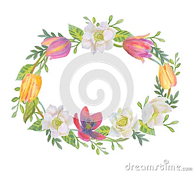 Tender watercolor spring floral wreath. Stock Photo