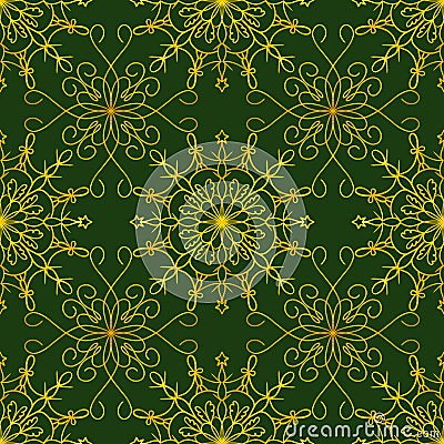 Tender winter seamless pattern with graphic snowflakes in gold and green colors Stock Photo