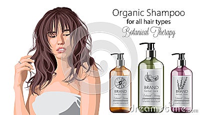 Tender woman with bangs advertising organic shampoo with herbal care. Various plants and colors. Mint, orange and Vector Illustration