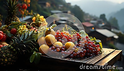 Tenebrist still life of different fruits with nature landscape background at sunset Stock Photo