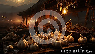 Tenebrist still life of garlic heads in a field at sunset Stock Photo