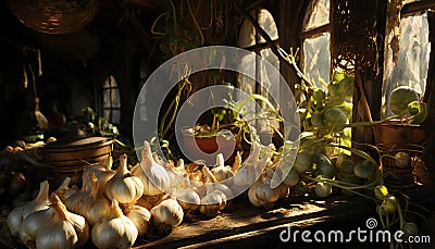 Tenebrist still life of garlic heads together a windows kitchen Stock Photo