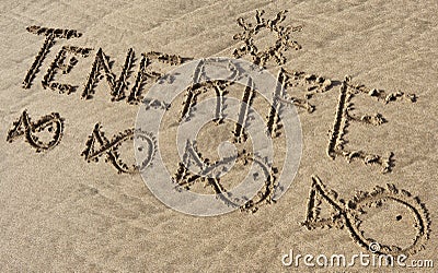 Tenerife, sand writing on the beach of El Papagayo Stock Photo