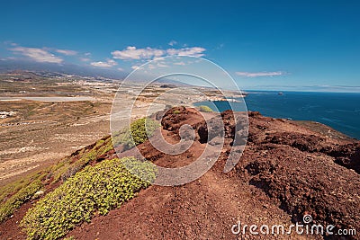 Tenerife south coastline view from the top of the red mountain volcano peak Stock Photo