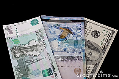Tenge, Kazakhstan, the Russian ruble and the dollar, the United States. Exchange rate. Bank, world economy, crisis, Finance. Stock Photo