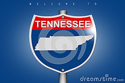 Tennessee map on highway road sign over blue background Stock Photo