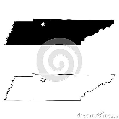 Tennessee TN state Map USA with Capital City Star at Nashville. Black silhouette and outline isolated maps on a white background. Vector Illustration