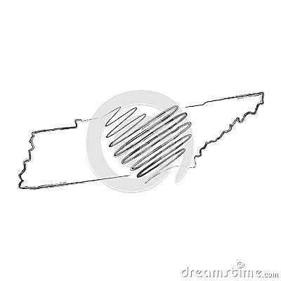 Tennessee US state hand drawn pencil sketch outline map with the handwritten heart shape. Vector illustration Vector Illustration