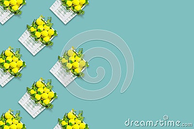 Tennis background with tennis balls in wooden boxes on blue background Stock Photo