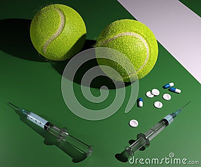 tennis ball and doping drugs syringe on the sport field Stock Photo