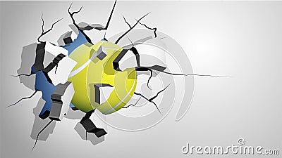 Tennis ball punched through the wall and breaks into shards, cracks on wall. Inflicting heavy damage. Vector Vector Illustration