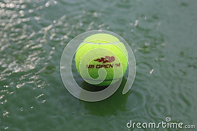 Tennis ball at rain delay during US Open 2014 at Arthur Ashe Stadium Editorial Stock Photo