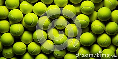 Tennis Balls Pile. Top View Of Sport Game Equipment. Lots Green Balls Background. AI generated Stock Photo