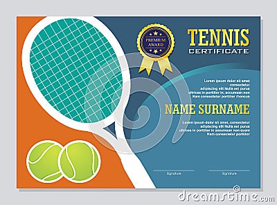 Tennis Certificate - Award Template with Colorful and Stylish Design Cartoon Illustration