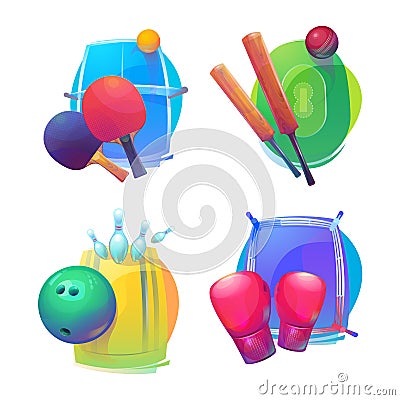 Tennis and cricket, bowling and boxing equipment icons or logo. Vector Illustration
