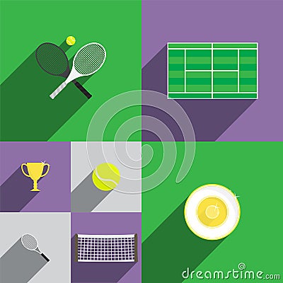 Tennis Icon Set in Flat Style with Rackets, Court Vector Illustration