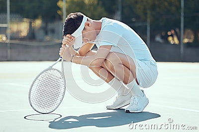Tennis mistake, man focus and pray position of a athlete from China sad about sport match results. Fitness, training and Stock Photo