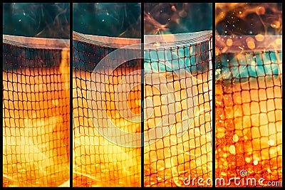 Tennis net ablaze with fire and anamorphic flares, creating a mesmerizing visual against fractal patterns. Stock Photo