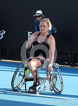 Tennis player Aniek Van Koot of Netherlands in action during Wheelchair Women`s Singles match at 2019 Australian Open in Melbourne Editorial Stock Photo