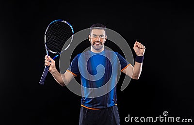Tennis player banner on the black background. Tennis template for ads with copy space. Mockup for betting advertisement Stock Photo