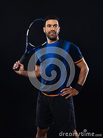 Tennis player on the black background. Tennis template for ads with copy space. Mockup for social media publication Stock Photo