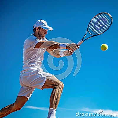 Tennis player executing a backhand stroke, mid-action, dynamic angle under clear skies, focused intensity, ultra HD Stock Photo