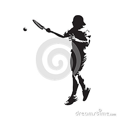 Tennis player, forehand swing. Abstract isolated vector silhouette. Ink drawing, side view. Individual sport, active people Vector Illustration