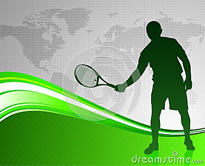 Tennis Player on Green Abstract Background with World Map Stock Photo