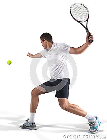 Tennis player hiting the ball isolated on white Stock Photo