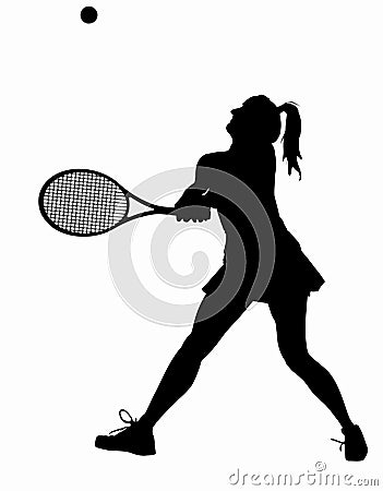 Tennis Player Silhouettes - Woman or Girl playing volley stroke Vector Illustration