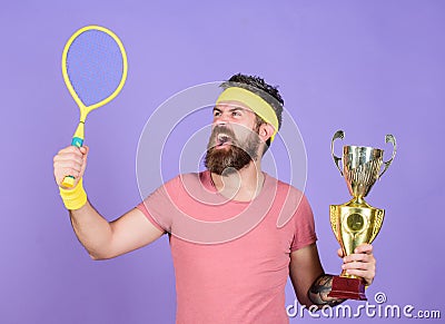 Tennis player win championship. Man bearded successful athlete. First place. Sport achievement. Tennis champion. Win Stock Photo