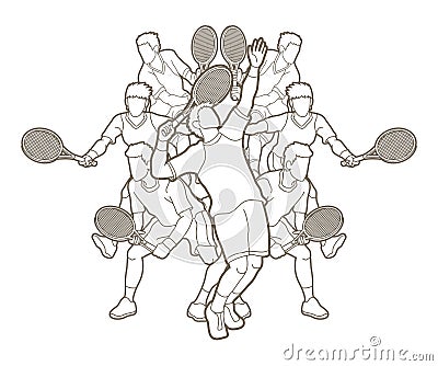 Tennis players , Men action, team group graphic vector. Vector Illustration