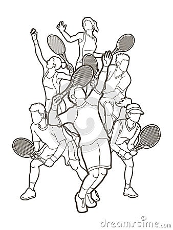 Tennis players , Men and Women action, team group graphic vector. Vector Illustration