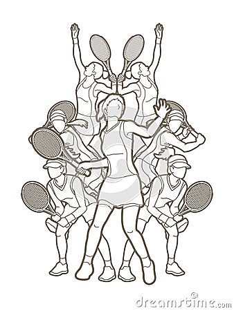 Tennis players , Women action, team group graphic vector. Vector Illustration