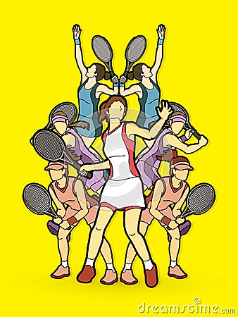 Tennis players , Women action, team group graphic vector. Vector Illustration