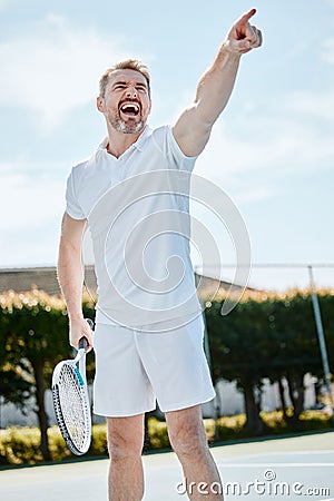 Tennis, point and game with a sports man on a court, playing a match for competition in summer. Racket, ball and winner Stock Photo