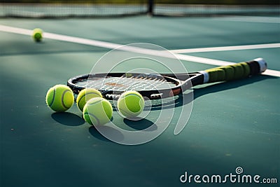 Tennis racket and balls await play on a vibrant tennis court Stock Photo