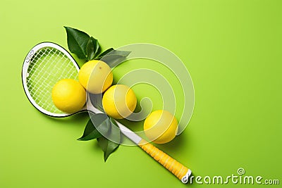 A tennis racket and three lemons resting on a vibrant green background, Spring sport composition with yellow tennis ball and Stock Photo
