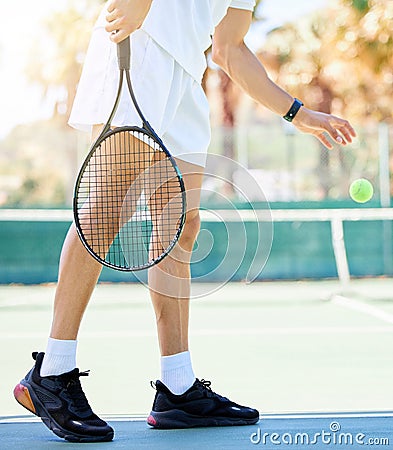 Tennis, sports and man bounce ball in game, match or competition. Wellness, fitness and male tennis player getting ready Stock Photo